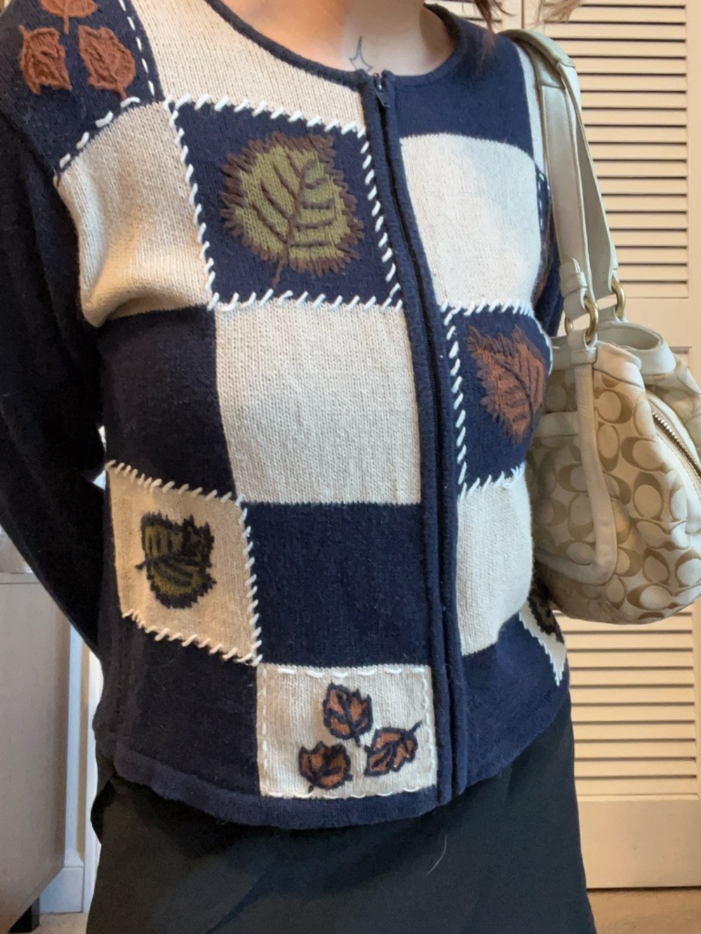 dressbarn Navy and Cream Leaf-Embroidered Zip Cardigan
